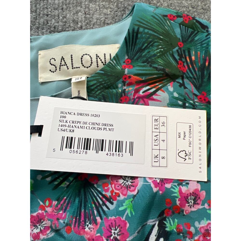 NWT $975 SALONI Bianca Blue Hanami Clouds Pure Silk Jacquard Crepe Chine Dress 4 - Picture 5 of 13